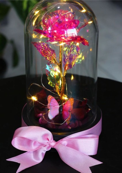 Fanus Içerisinde Peri LED Işıklı Kelebekli Çiçek Solmayan Sonsuzluk Gülü Sevdiklerinize Hediye