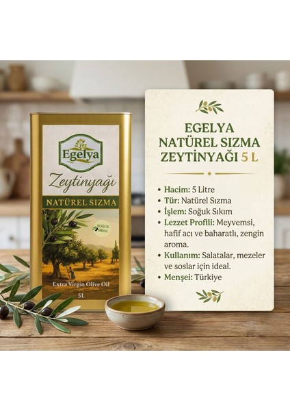 Natürel Sızma Zeytinyağı 5 L Teneke – Soğuk Sıkım – Yeni Hasat – %100 Doğal