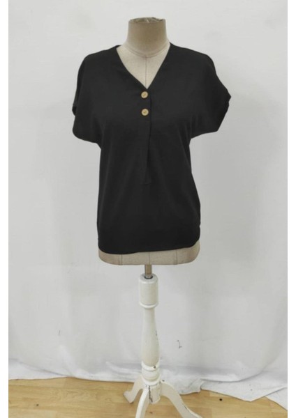 V Yaka Düğmeli Kısa Kollu Keten Bluz - Siyah fırsatları