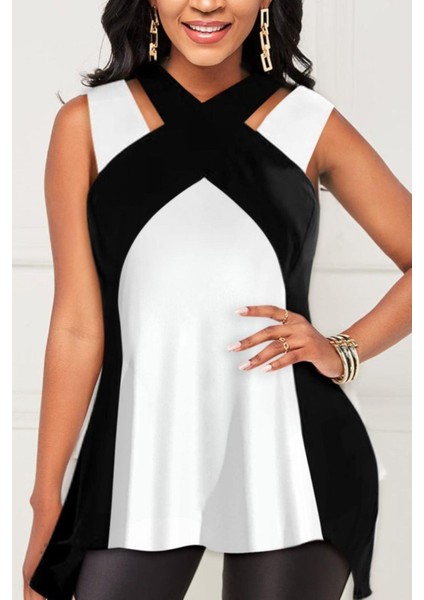 Renk Bloklu Çapraz Yaka Kolsuz Viskon Bluz - Siyah