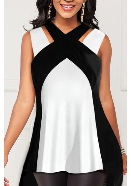 Renk Bloklu Çapraz Yaka Kolsuz Viskon Bluz - Siyah fiyatları