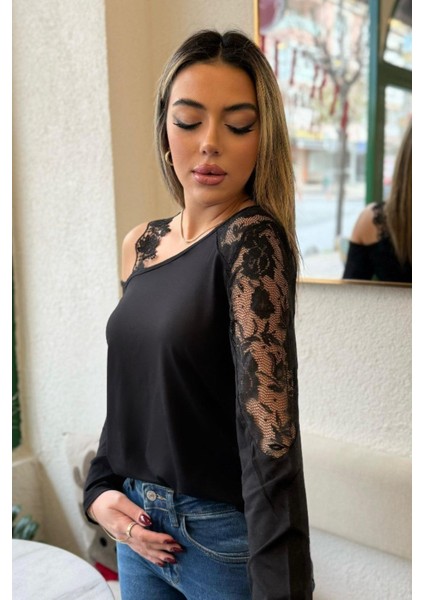 Dantel Detaylı Uzun Kollu Viskon Bluz - Siyah modelleri