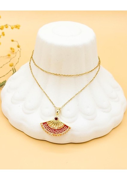 Zirkon Taşlı Kırmızı Yelpaze Kolye