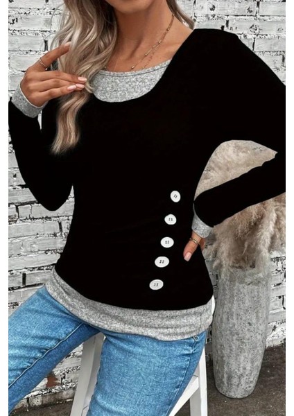 Yuvarlak Yaka Yandan Düğmeli Viskon Bluz - Siyah