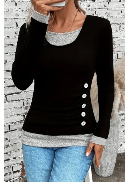 Yuvarlak Yaka Yandan Düğmeli Viskon Bluz - Siyah modelleri