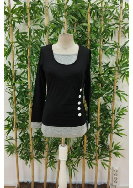 Yuvarlak Yaka Yandan Düğmeli Viskon Bluz - Siyah fırsatları