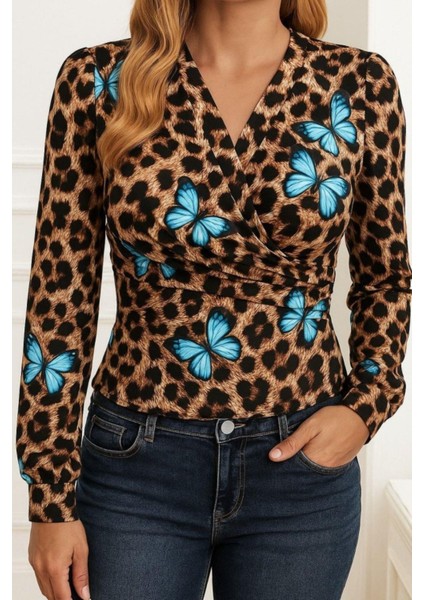 Kruvaze Yaka Şardonlu Dalgıç Bluz - Leopar