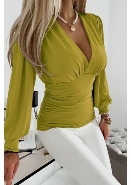 Derin V Yaka Büzgülü Sandy Bluz - Yeşil