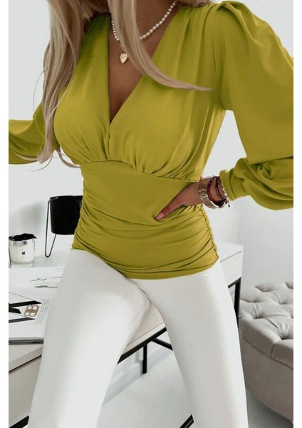 Derin V Yaka Büzgülü Sandy Bluz - Yeşil modelleri