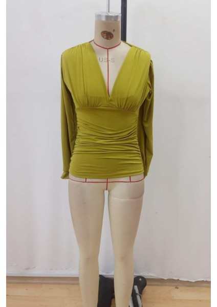 Derin V Yaka Büzgülü Sandy Bluz - Yeşil fırsatları