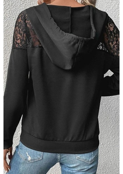 Dantel Detaylı V Yaka Kapüşonlu Cepli Viskon Iki Iplik Bluz - Siyah fiyatları