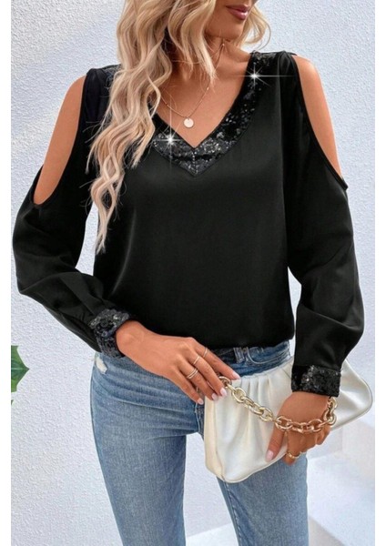 V Yaka Omzu Açık Sandy Bluz - Siyah