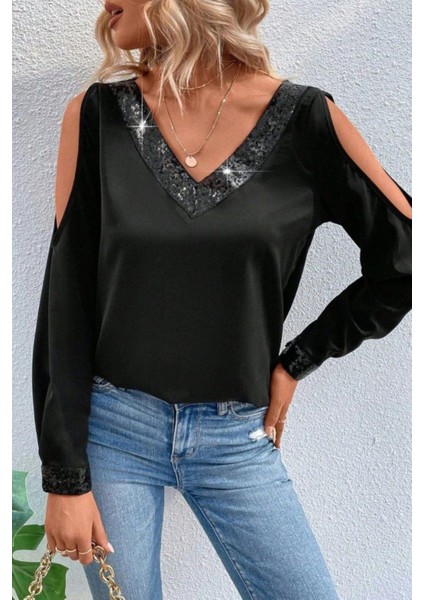 V Yaka Omzu Açık Sandy Bluz - Siyah fiyatları