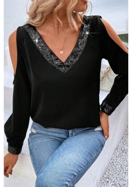 V Yaka Omzu Açık Sandy Bluz - Siyah modelleri