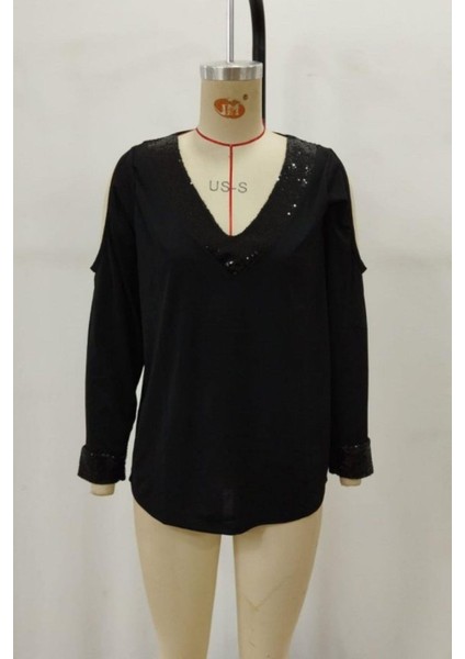 V Yaka Omzu Açık Sandy Bluz - Siyah fırsatları