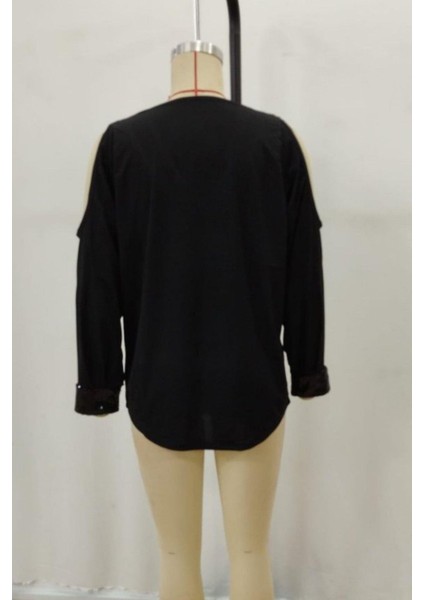 V Yaka Omzu Açık Sandy Bluz - Siyah indirimleri