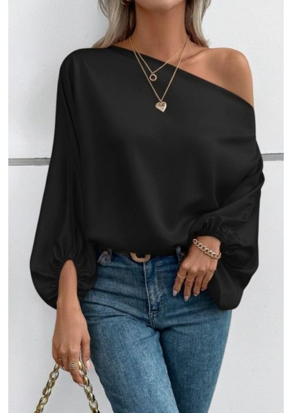 Kayık Yaka Salaş Kesim Sandy Bluz - Siyah