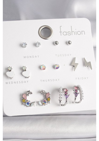 Pirinç Gümüş Renk Zirkon Taşlı Inci Halka Şimşek Detay 7 Çift Kadın Küpe Seti - TJ-BKP10136