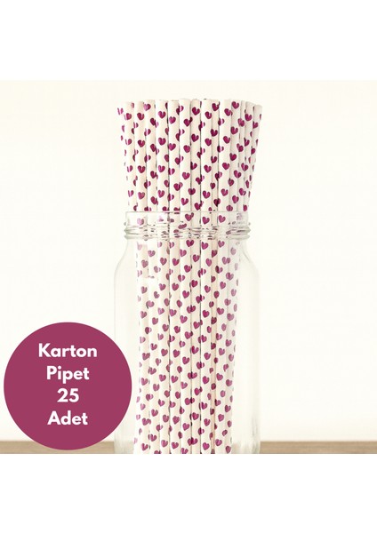 Beyaz Üzeri Metalik Fuşya Minik Kalp Baskılı Karton Pipet 25 Adet