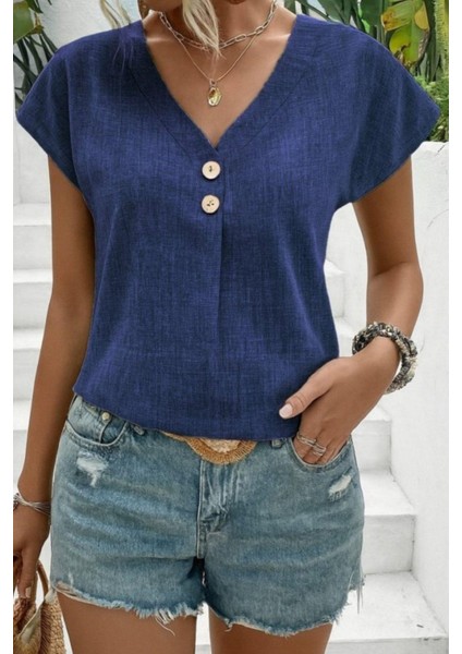 V Yaka Düğmeli Kısa Kollu Keten Bluz - Mavi