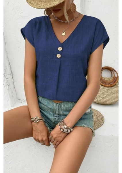 V Yaka Düğmeli Kısa Kollu Keten Bluz - Mavi fiyatları