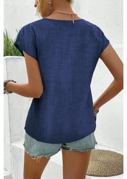 V Yaka Düğmeli Kısa Kollu Keten Bluz - Mavi modelleri