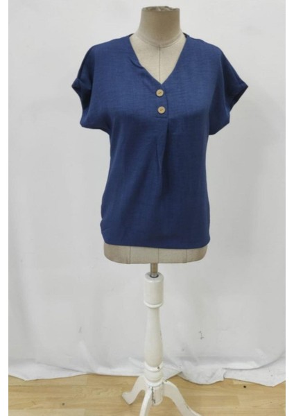 V Yaka Düğmeli Kısa Kollu Keten Bluz - Mavi fırsatları