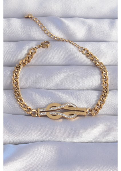 316L Çelik Gold Renk Zirkon Taşlı Kemer Tokası Model Zincir Bileklik - TJ-BB6210