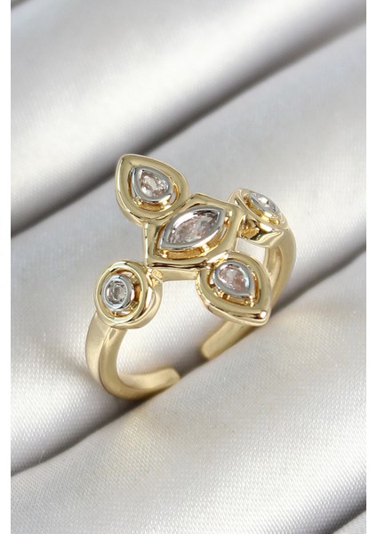 Pirinç Beş Taş Trend Figür Zirkon Taşlı Gold Renk Ayarlanabilir Kadın Yüzük - TJ-BYK3789