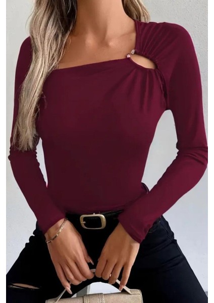 Halka Detaylı Viskon Bluz - Bordo