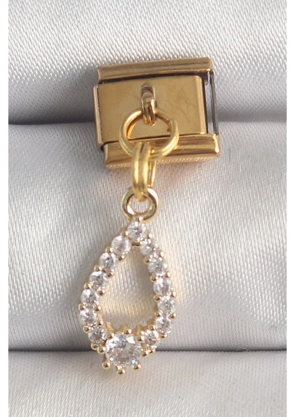 316L Çelik Gold Renk Sallantı Zirkon Taşlı Damla Model Nomination Charm - TJ-BC1372