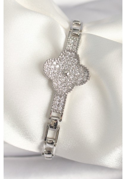 Pirinç Gümüş Renk Zirkon Taşlı Yonca Model Kadın Bileklik - TJ-BB6845