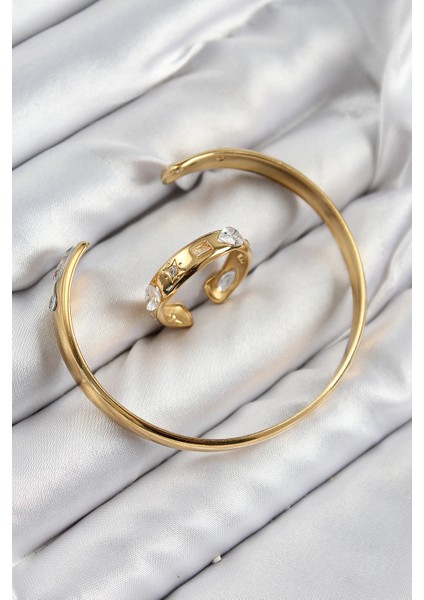Pirinç Zirkon Taşlı Ayrık Model Gold Renk Bileklik Yüzük Set - TJ-BB7605 fiyatları