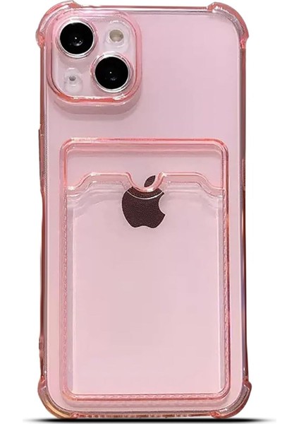 Apple iPhone 14 Kılıf Kartlıklı Anti Şok Korumalı Şeffaf Silikon Pembe