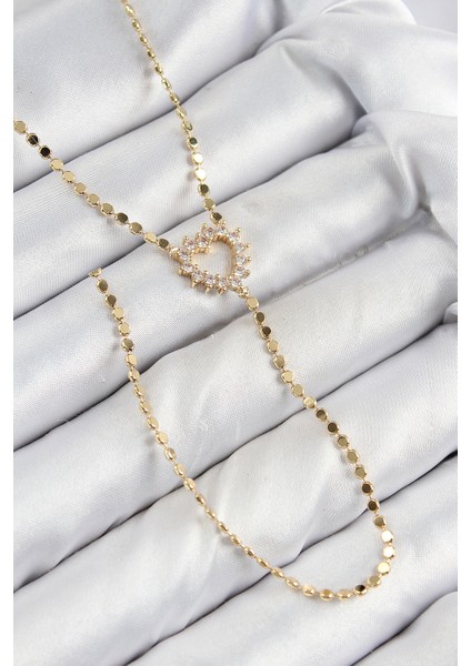 Pirinç Zirkon Taşlı Ezme Zincirli Kalp Model Gold Renk Y Kolye - TJ-BKO10461