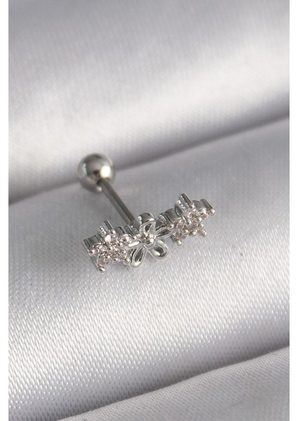 316L Çelik Gümüş Renk Zirkon Taşlı Çiçek Tragus Piercing - TJ-PR1247