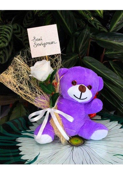 Elinde Kadife Gül & Seni Seviyorum Kartı Tutan 25CM Peluş Ayı Sevdiklerinize Özel Gün Hediyesi