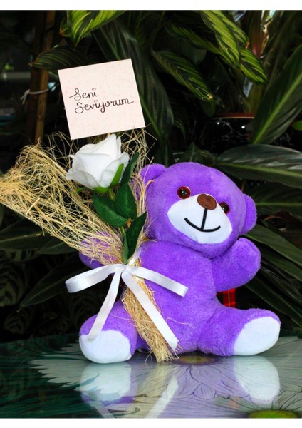 Elinde Kadife Gül & Seni Seviyorum Kartı Tutan 25CM Peluş Ayı Sevdiklerinize Özel Gün Hediyesi fiyatları