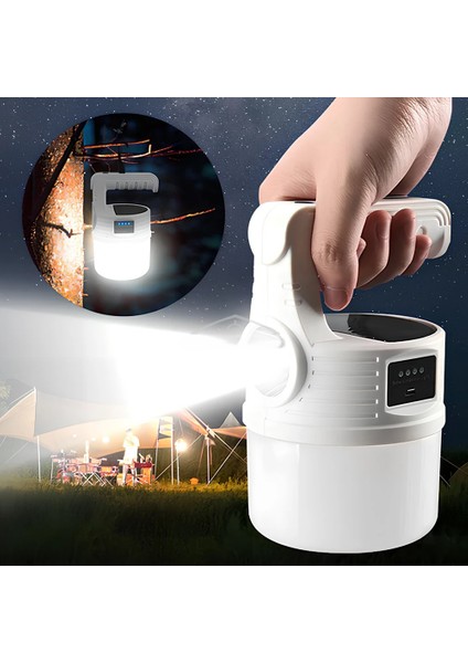 Solar + USB Şarjlı Kamp Feneri- El Feneri | 2000 Lümen, 5 Işık Modu, 360° Aydınlatma, Taşınır Lamba