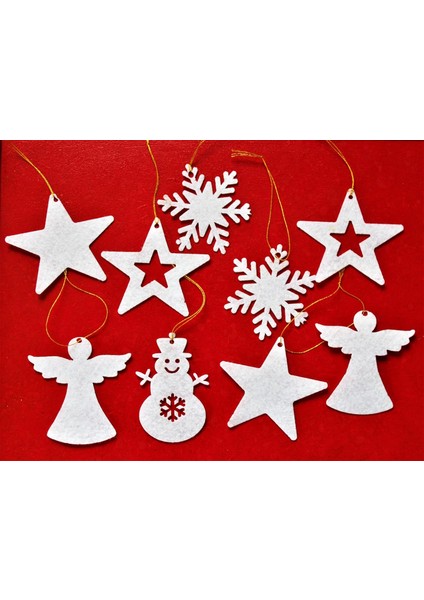 Mini Tasarım Atölyem Dokuzlu Beyaz Keçe Yılbaşı Ağacı Süsü Beyaz