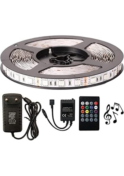 Rgb Şerit LED Tak Çalıştır ve Müziğe Duyarlı Kumanda 5050 3 Çipli Iç Mekan Silikonsuz… (4 Metre)