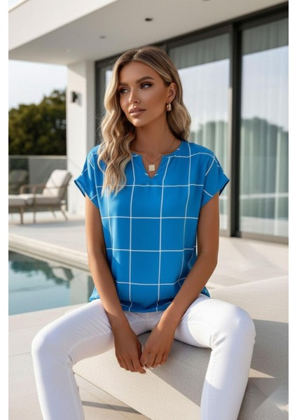 Ekose Desen Çentik Yaka Mikro Bluz Turkuaz