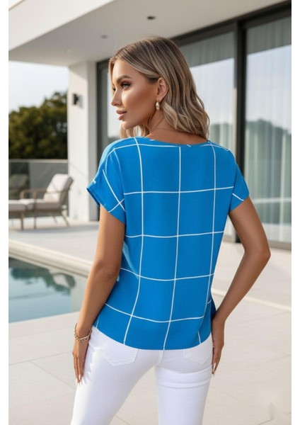 Ekose Desen Çentik Yaka Mikro Bluz Turkuaz fiyatları