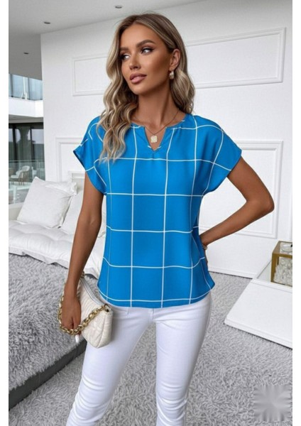 Ekose Desen Çentik Yaka Mikro Bluz Turkuaz modelleri