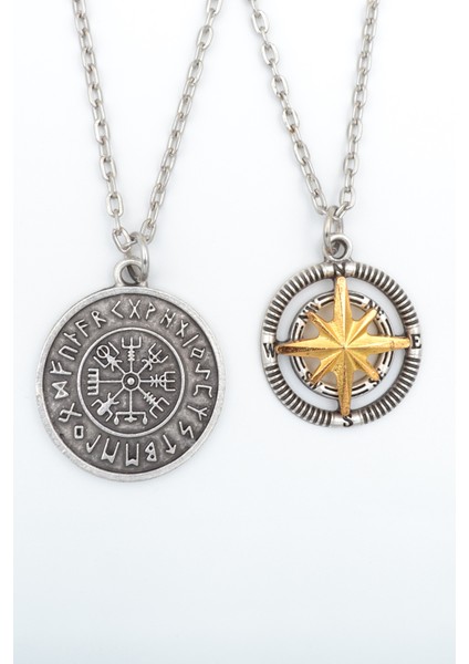 2'li Pusula Kutup Yıldızlı - Viking Pusula Gümüş Kaplama Kolye Seti