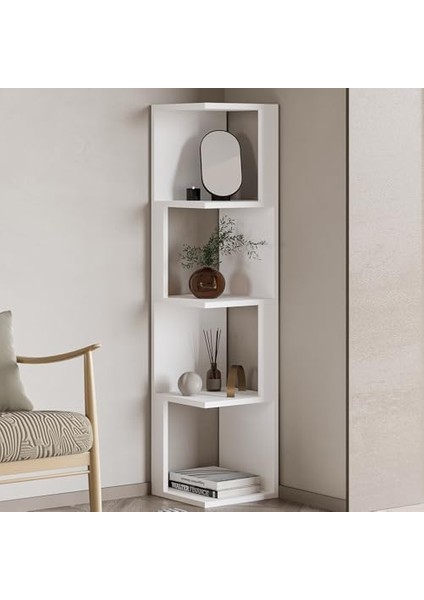 Herry Köşe Kitaplık – Dekoratif Raf Ünitesi, Modern Kütüphane, Beyaz