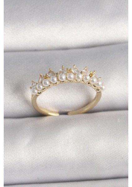 Pirinç Gold Renk Zirkon Taşlı Incili Taç Model Ayarlanabilir Kadın Yüzük - TJ-BYK3576