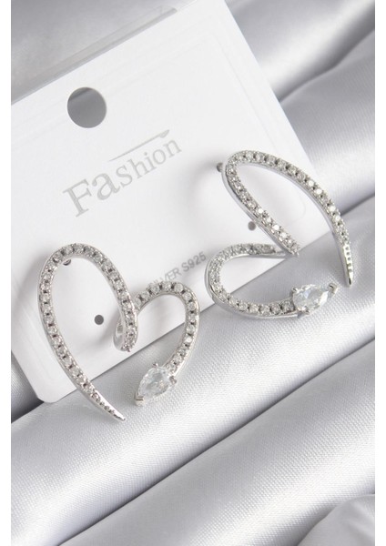 Pirinç Gümüş Renk Zirkon Taşlı Yılan Kalp Model Kadın Küpe - TJ-BKP9742