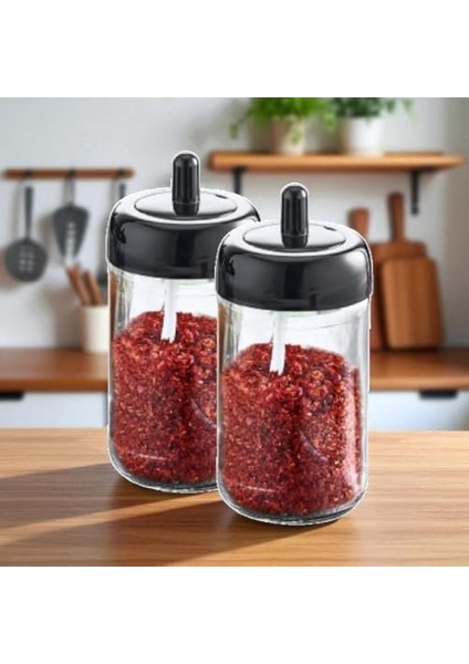 2&apos;li Cam Baharatlık Seti, Kendinden Kaşıklı, Kaşıklı Kapak, 300ML, 2 Adet, 14CM Yükseklik modelleri