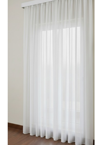 Ekru Renk Modern Çizgili Ekstrafor Büzgülü Pilesiz Tül Perde – Işığı Yumuşak Geçiren, Şık ve Modern Tasarım Yıkama Torbası ve Stoper Kilit Hediyeli (Özel Ölçü Seçenekli)